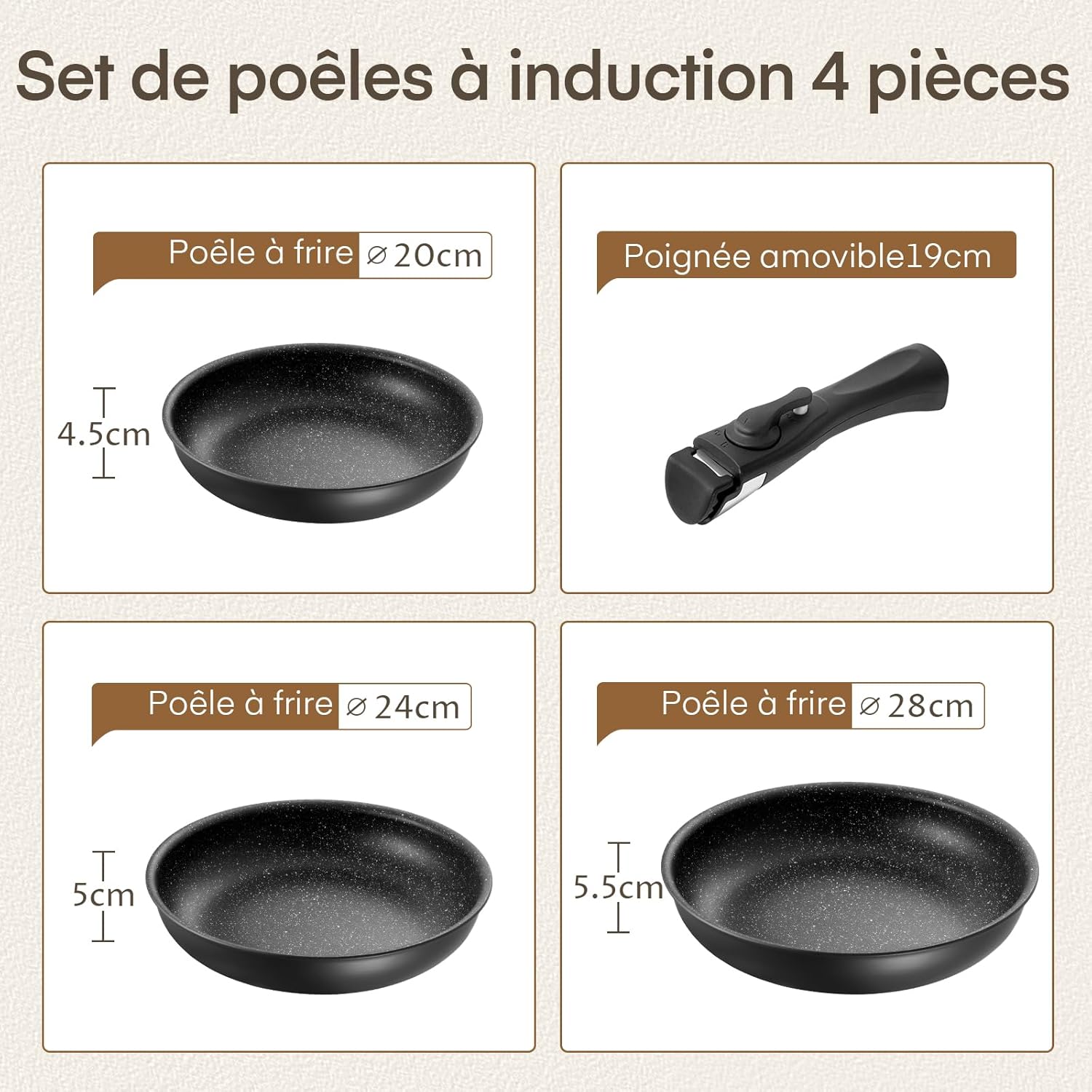 Fadware - lot de poêles 20/24/28 cm - poignée amovible, induction, antiadhésif