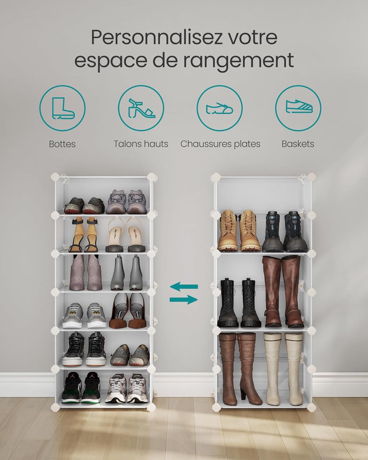 Songmics - étagère à chaussures 10 niveaux, plastique PP, enfichable, porte, DIY, blanc - LPC010WH01