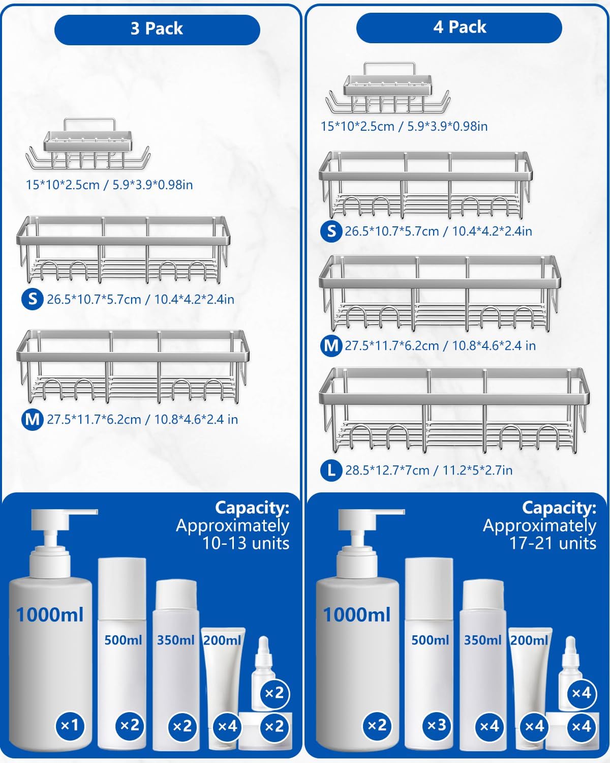 AceMining - 4 Pack salle de bain inox, étagère adhésive, sans perçage