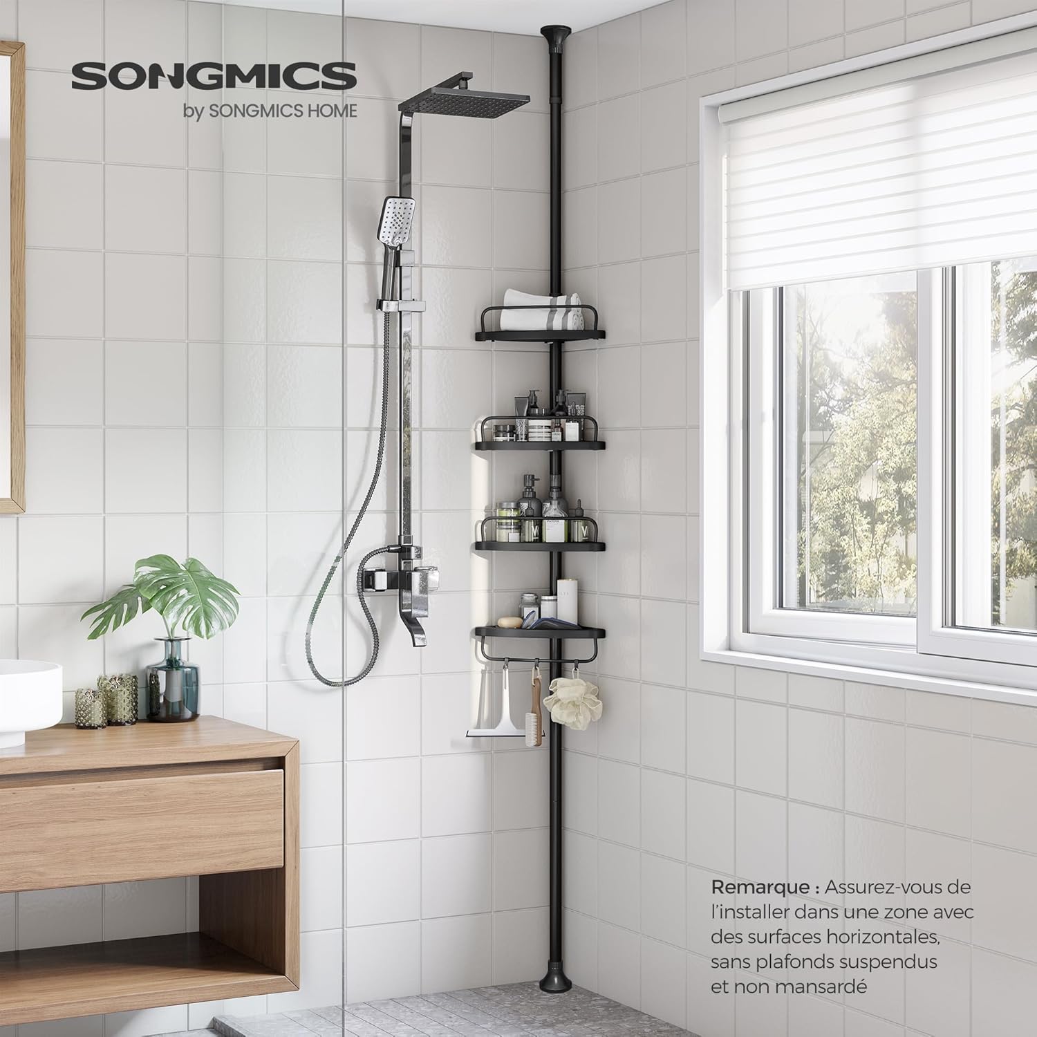 SONGMICS - étagère télescopique 85-305 cm - 4 niveaux réglables - rangement salle de bain - BCB001B01