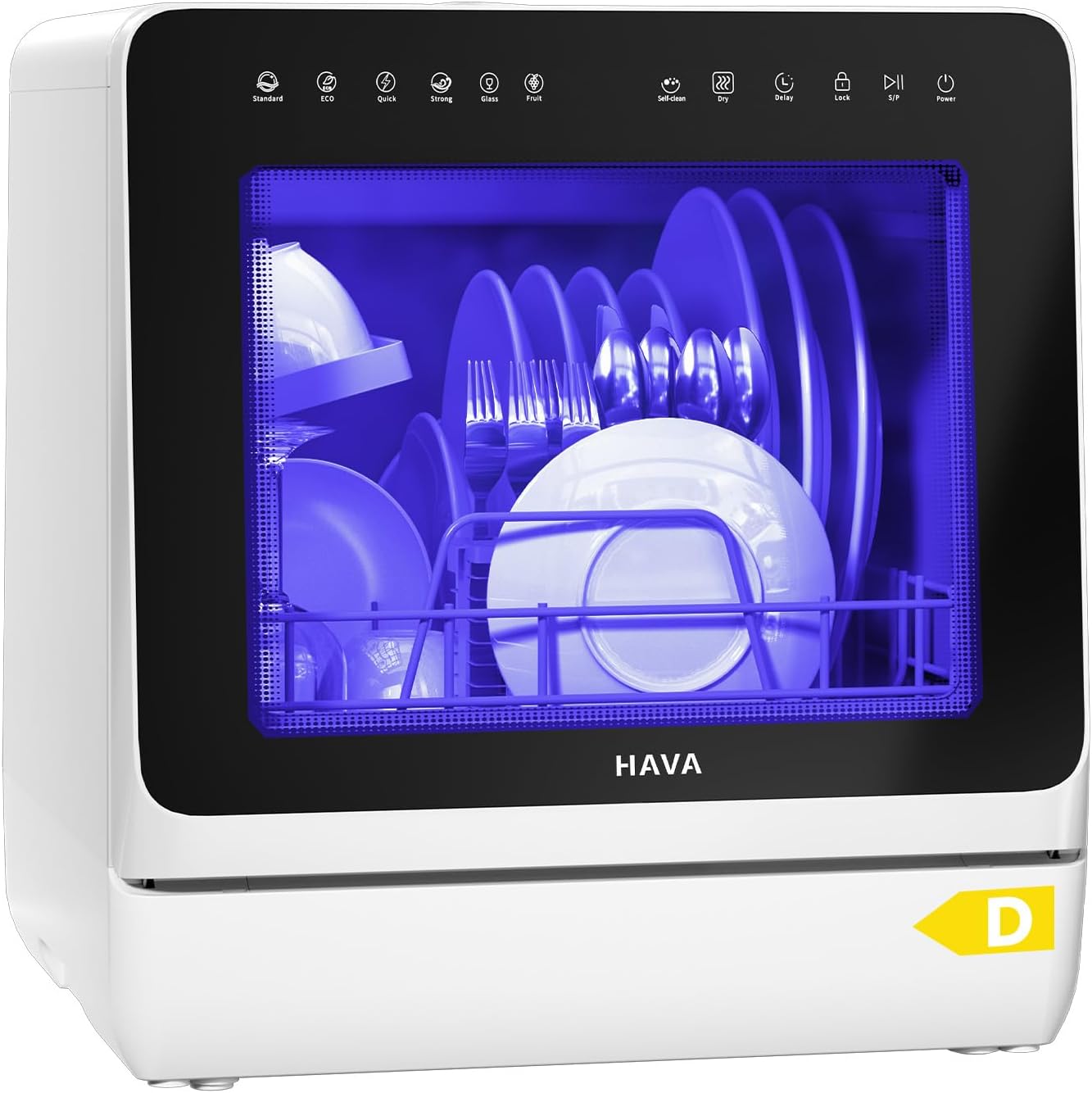 HAVA - lave-vaisselle compact série 2025 - efficace, 8 programmes, adoucisseur, verrou enfant, démarrage différé