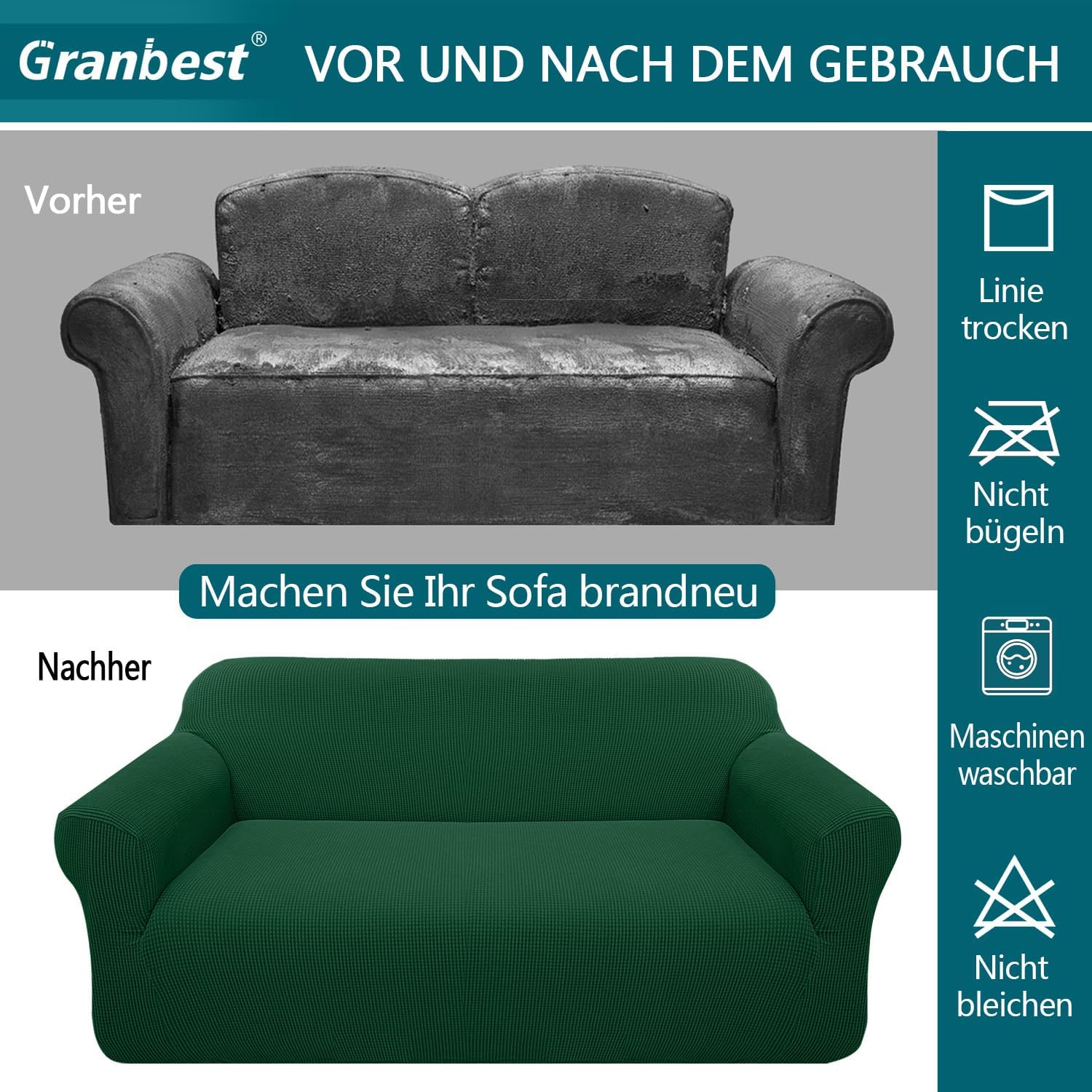 Granbest - Housse de canapé moderne - 2 places - jacquard élastique, protection animaux, vert foncé