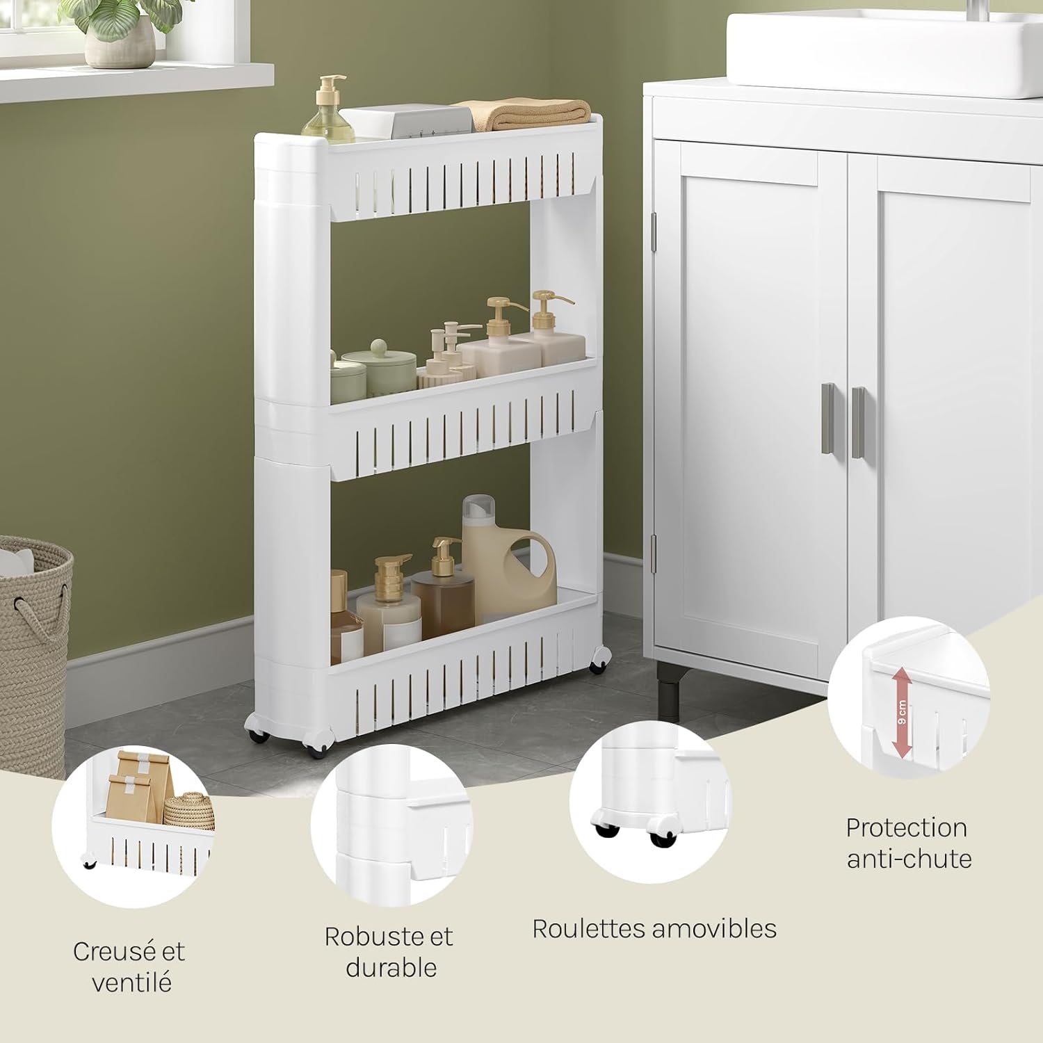 WOLTU - Étagère à roulettes 3 compartiments, compact, blanc