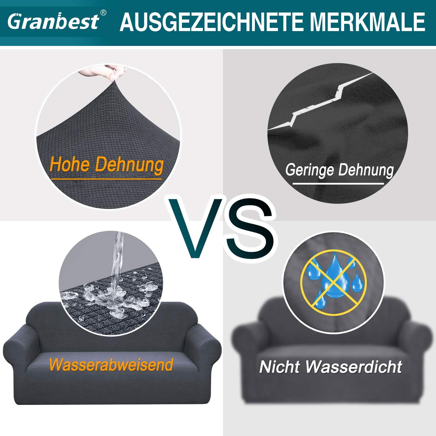 Granbest - housse canapé stretch imperméable 2 places, gris, spandex jacquard