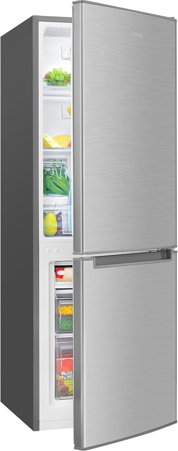 Bomann - réfrigérateur combiné inox 142,5x49,5x56 cm - 173L, LED, alarme, économie KG7359