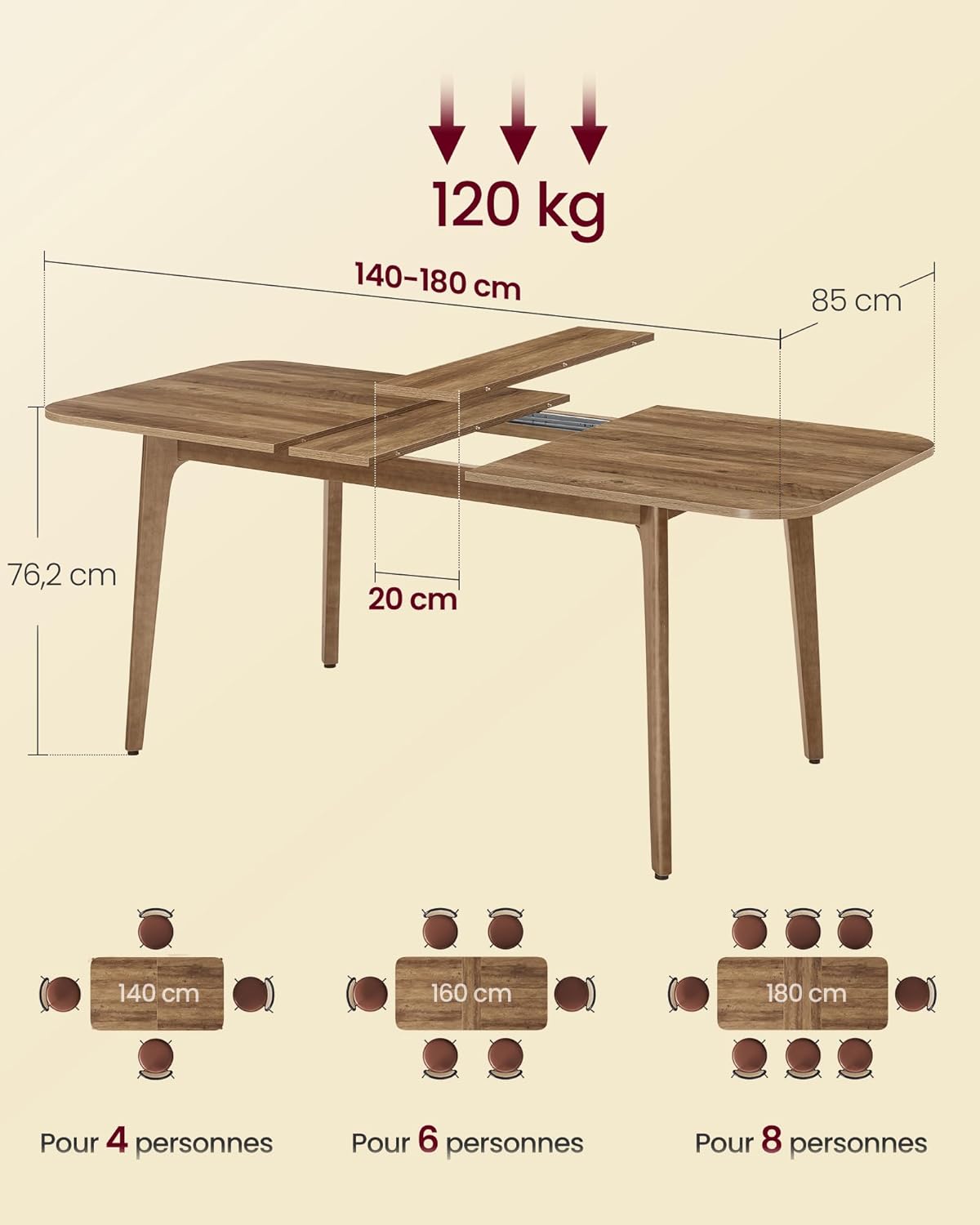 VASAGLE - Table extensible design épuré, 120kg, marron miel, KDT090K01