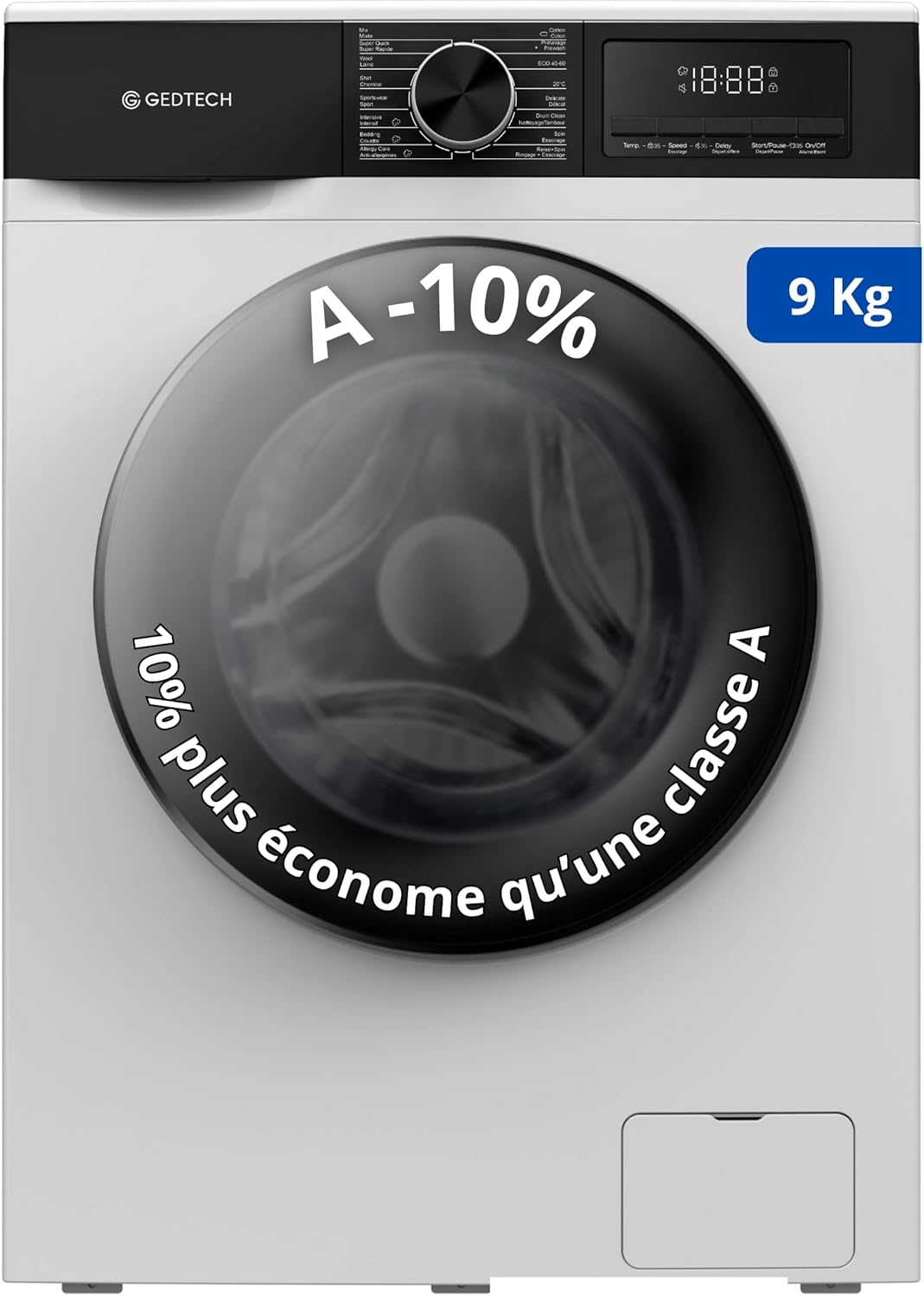 GEDTECH - Lave-linge frontal, 9kg, 1400tr/min, 16 programmes, GLL91400WH