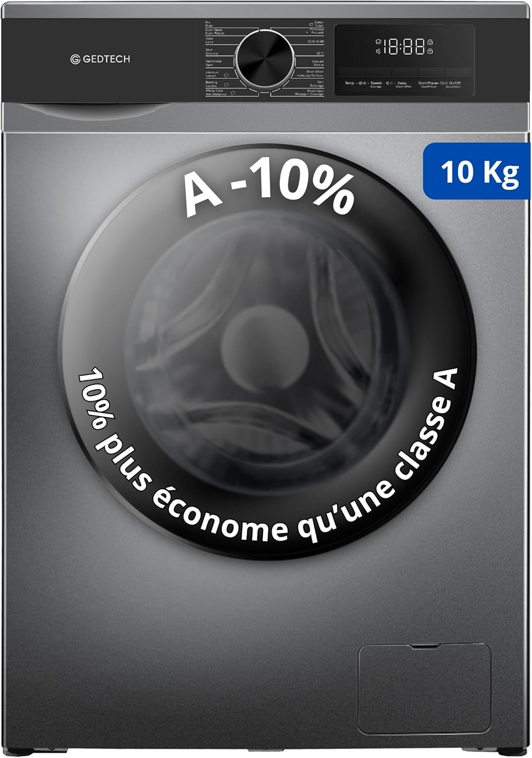 GEDTECH - lave-linge frontal série 10kg, 1400tr/mn, 16 programmes, Eco, A-10% GLL101400DG