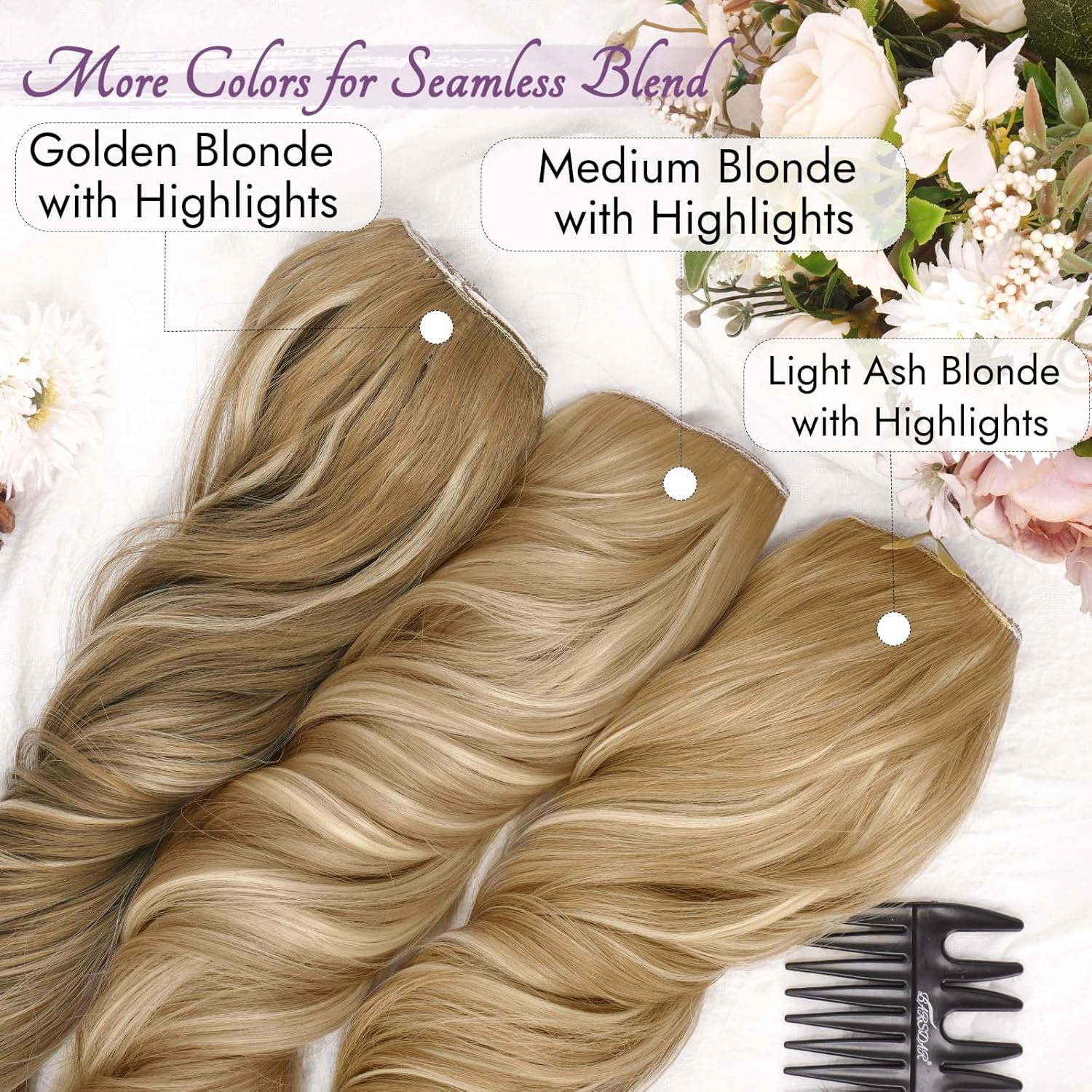 BARSDAR - Extensions à clips ondulées 50cm blond synthétique - 5 pièces, moyen blond mixte