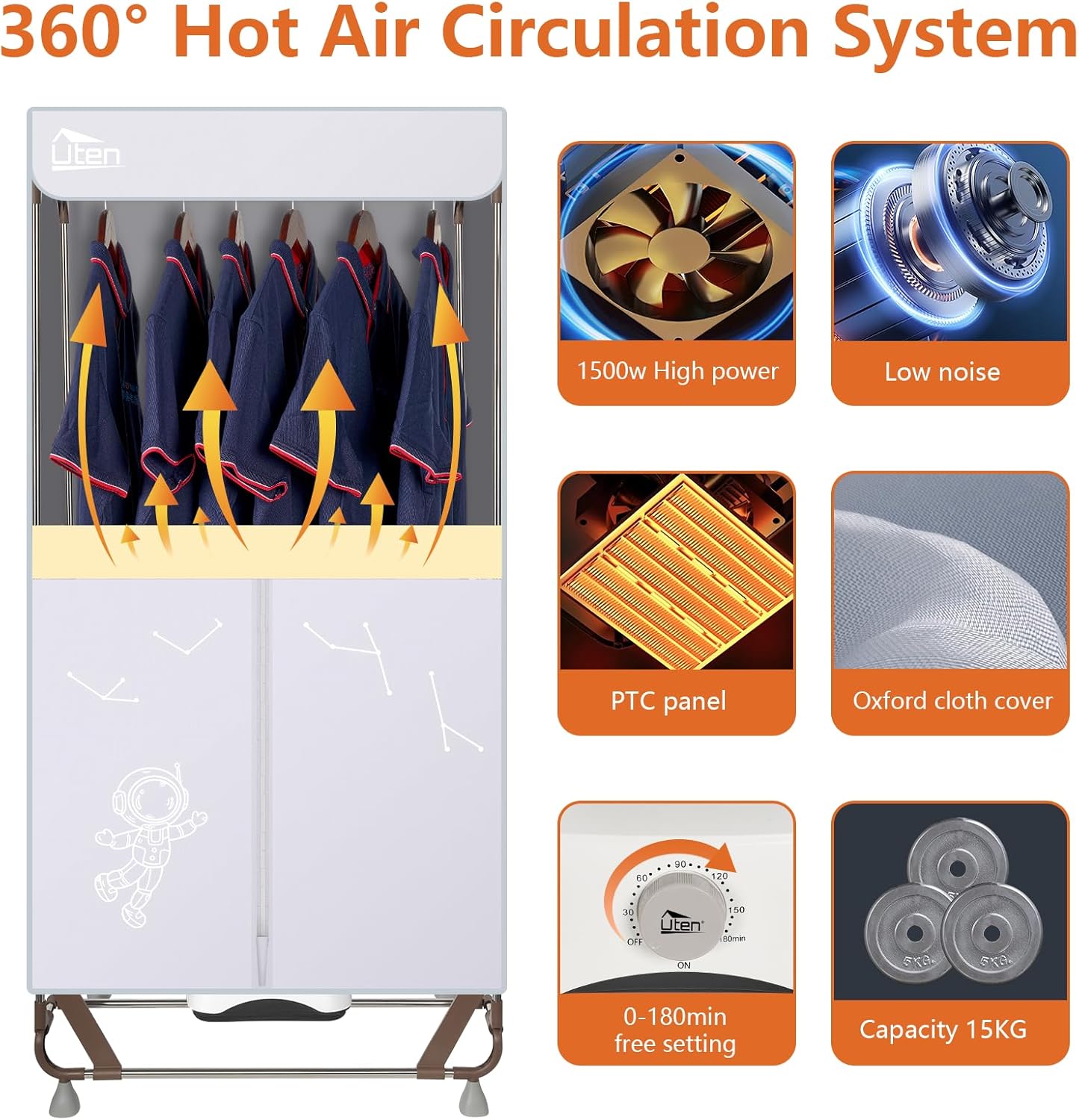 Sèche-linge électrique pliable, 15kg, 1500W, sac rangement, maison