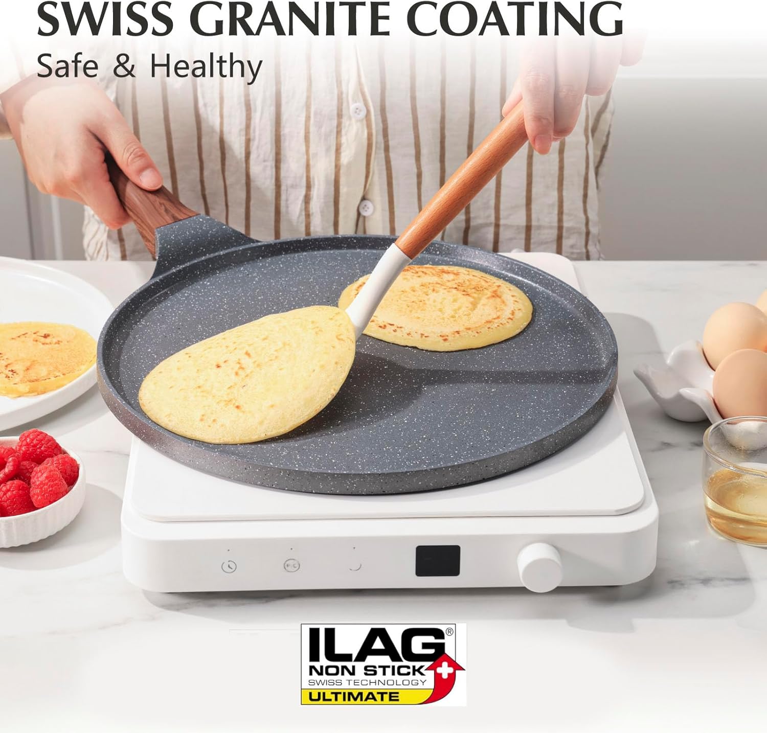 SENSARTE - poêle à crêpes série granit - 30 cm - revêtement antiadhésif induction, poignée ergonomique
