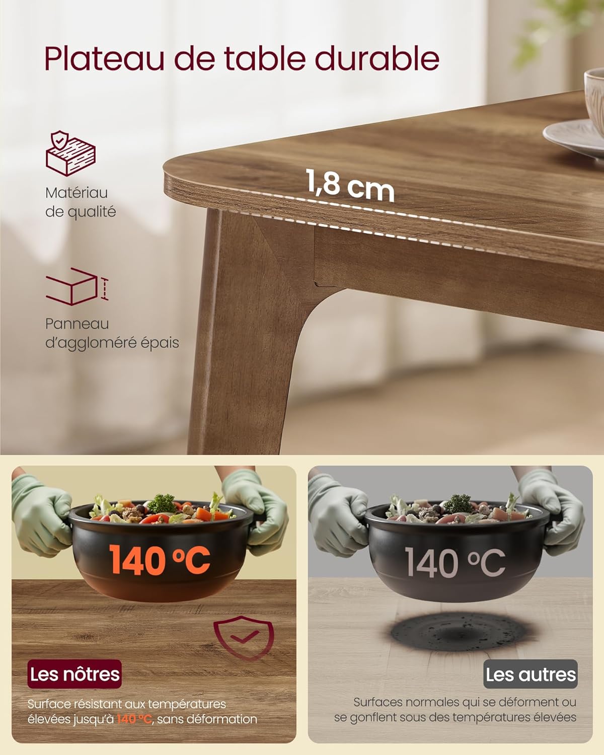 VASAGLE - Table extensible design épuré, 120kg, marron miel, KDT090K01