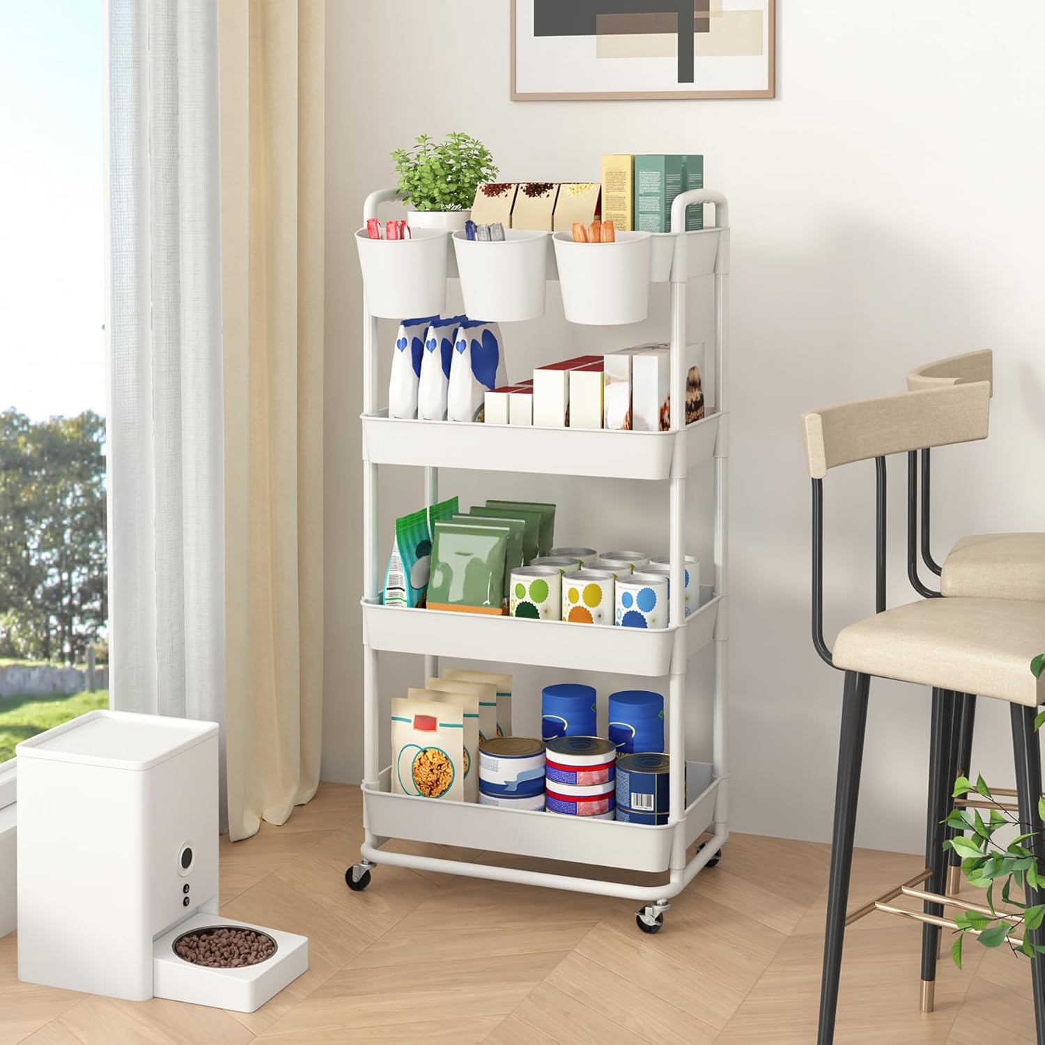 JIUYOTREE - Chariot 4 niveaux -  roulettes verrouillables, poignées, gobelets suspendus, blanc