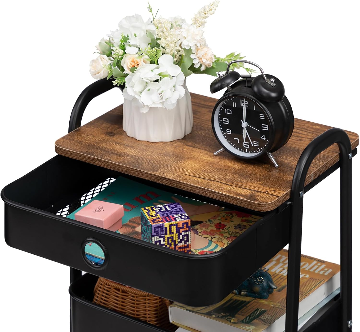 DOEWORKS - chariot 3 niveaux, métal, tiroir, noir, rangement mobile