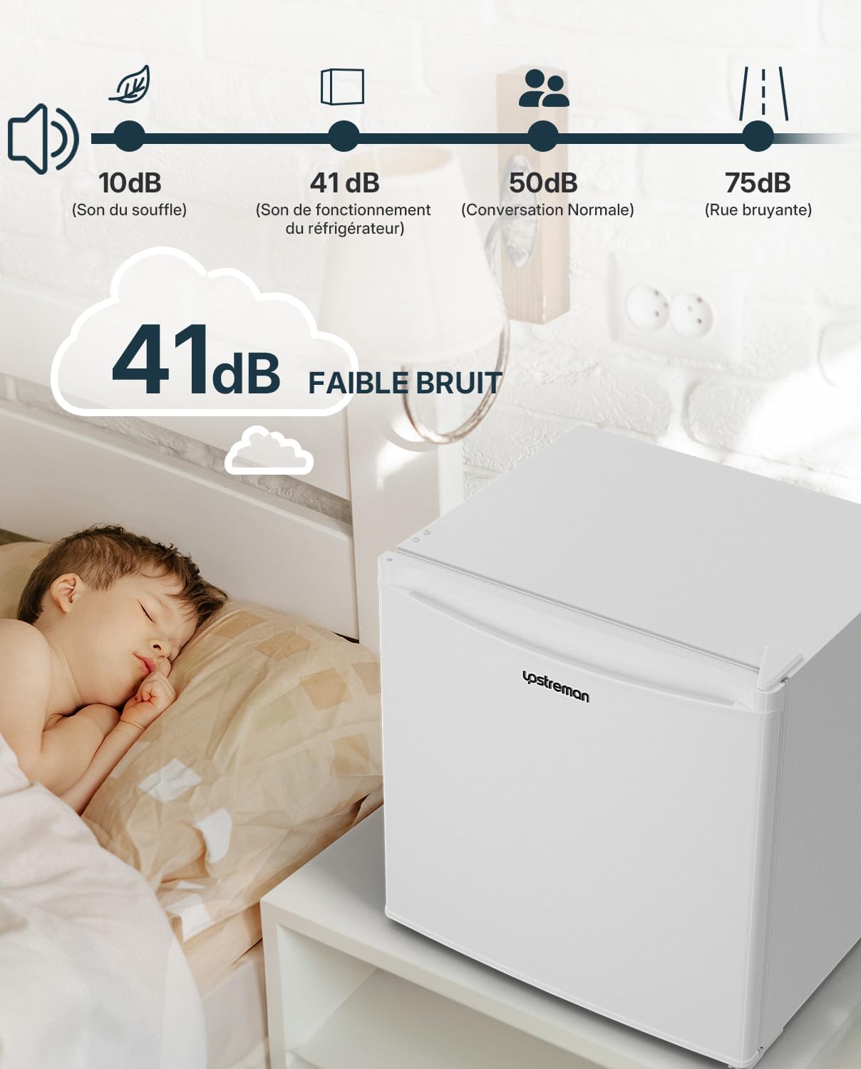 Upstreman - FR17 - 46L - Mini frigo avec congélateur, silencieux, porte réversible