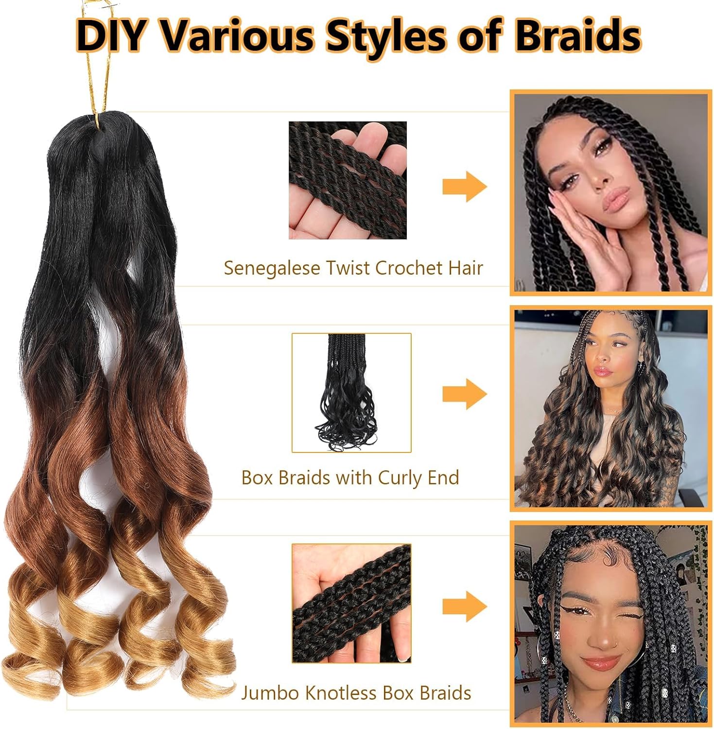 Mèches tressage - French Curl Bouclées 16 pouces, 8 paquets, 1B/30/27