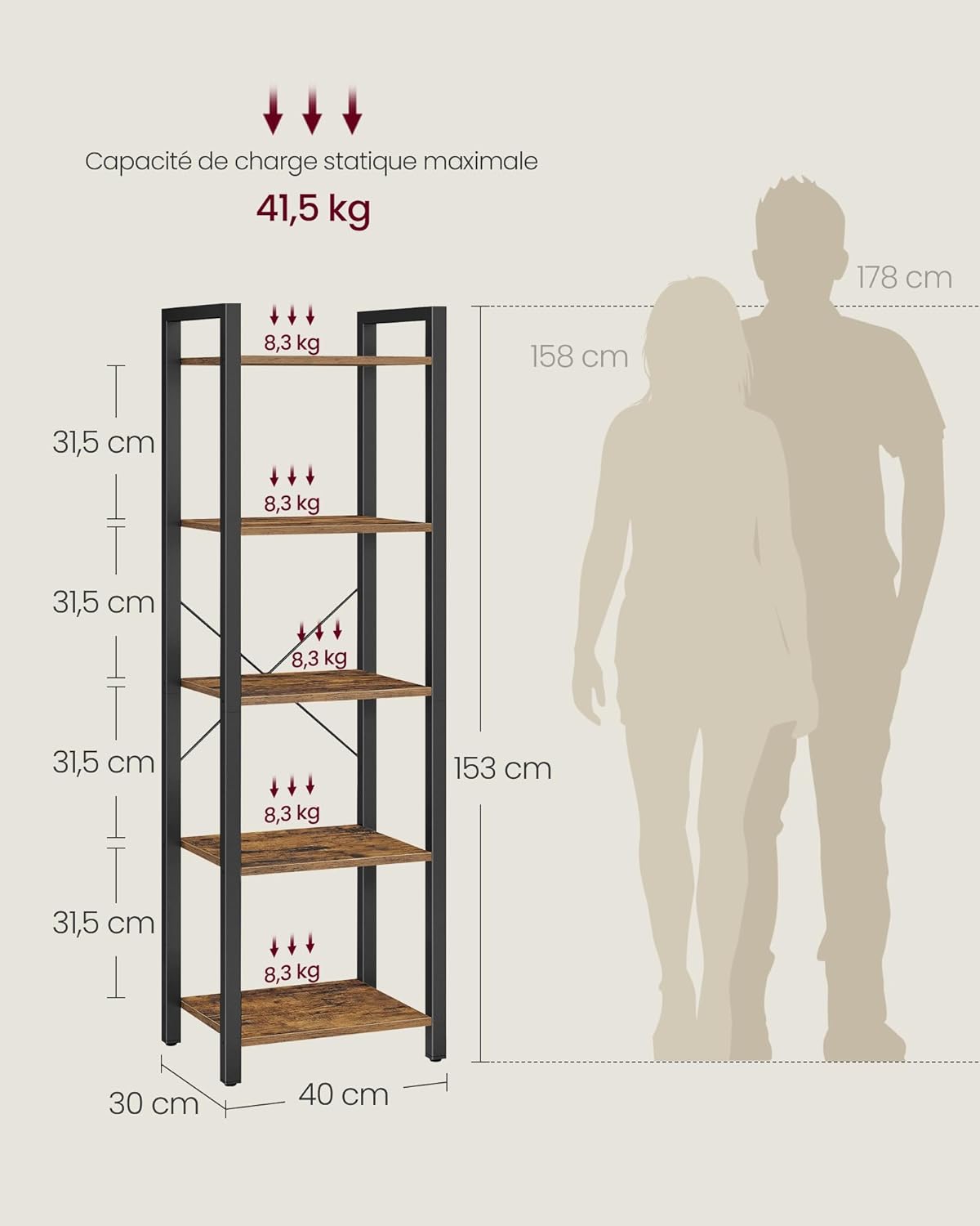 VASAGLE - étagère 5 niveaux - 30x39,6x154cm - acier/marron, style industriel, LLS100B01