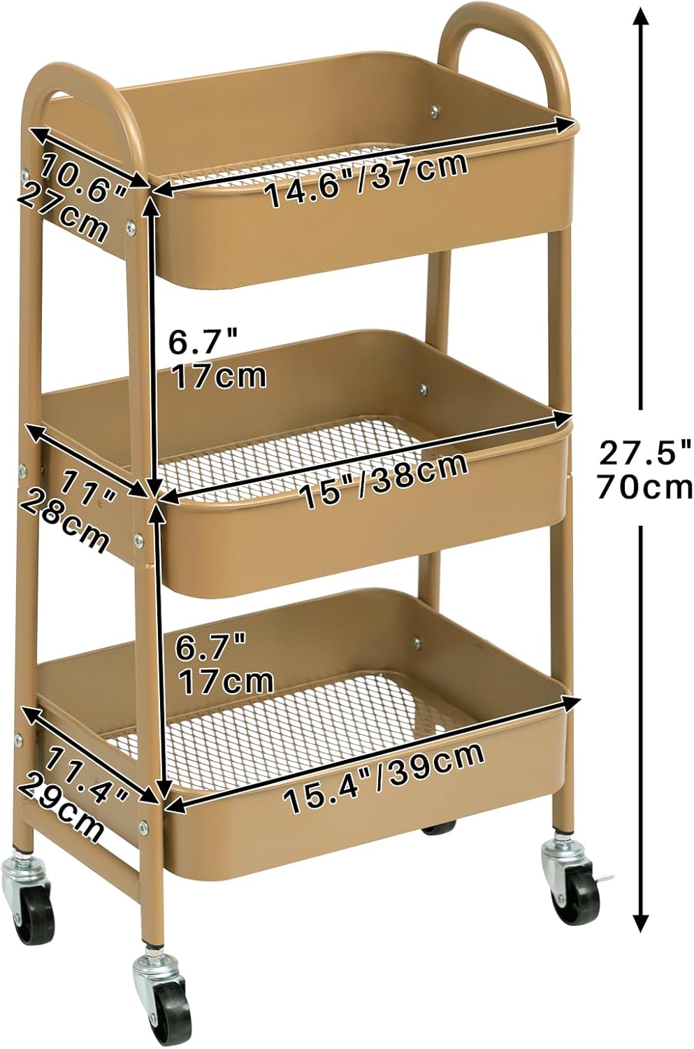 DOEWORKS - Chariot de rangement 3 niveaux, métal doré, roulant, compact
