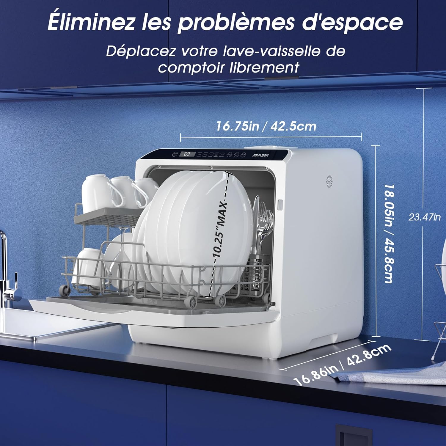 AIRMSEN - Mini lave-vaisselle compact, 5L, 6 programmes, écran LED