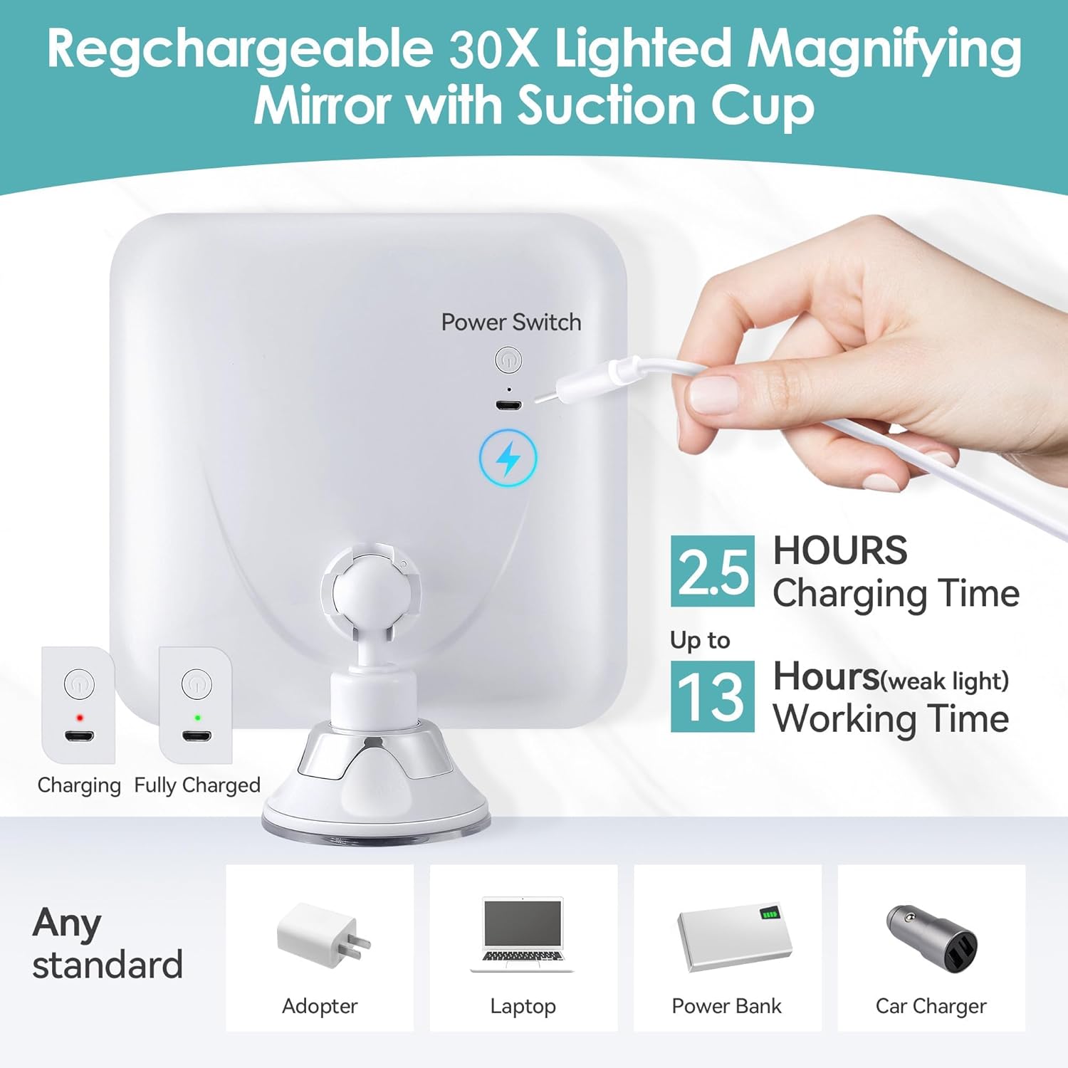 Miroir grossissant carré - 30x - lumineux, tactile, ventouse, rechargeable, rotation 360°