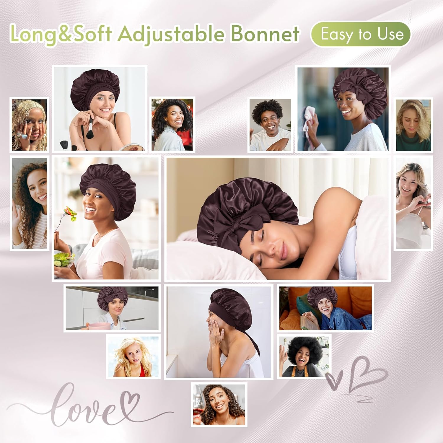 BONNET QUEEN - bonnet satin moyen - ajustable, elastique long, rouge brun