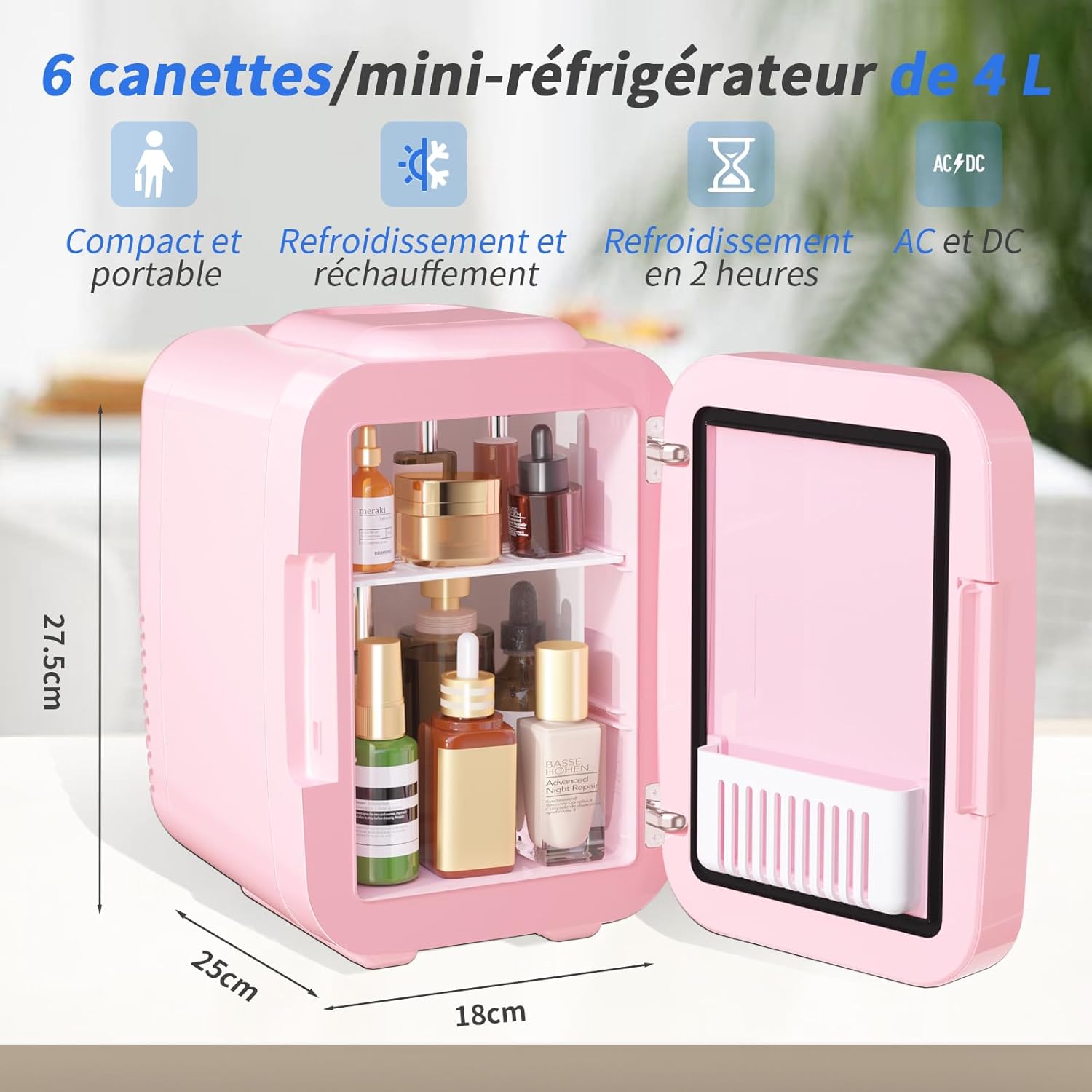 YASHE - Mini frigo LED miroir 4L, portable, 220V/12V, rose