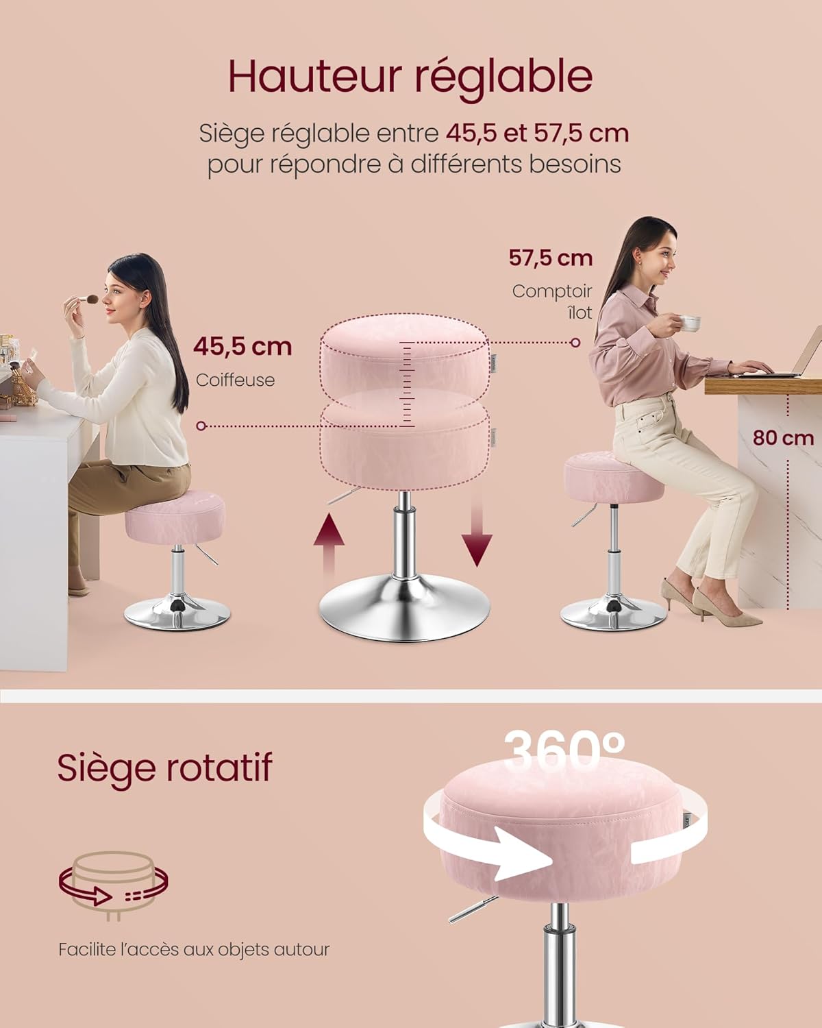 VASAGLE - Tabouret réglable, pivotant, coussin épais, PU, rose, LJB120S01