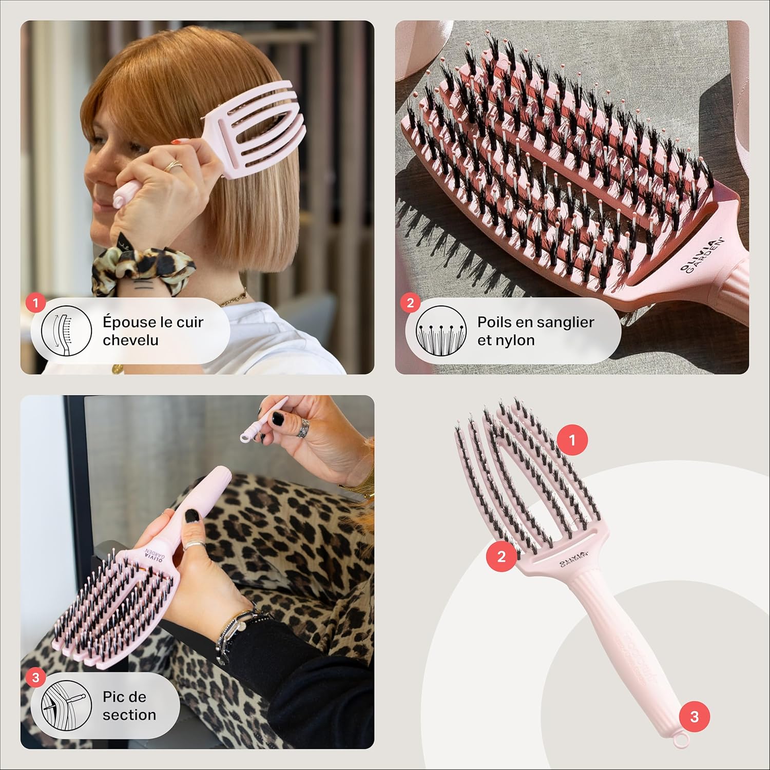 Olivia Garden - Fingerbrush Care Iconic - brosse démêlante sanglier/nylon - brillance et coiffage lisse