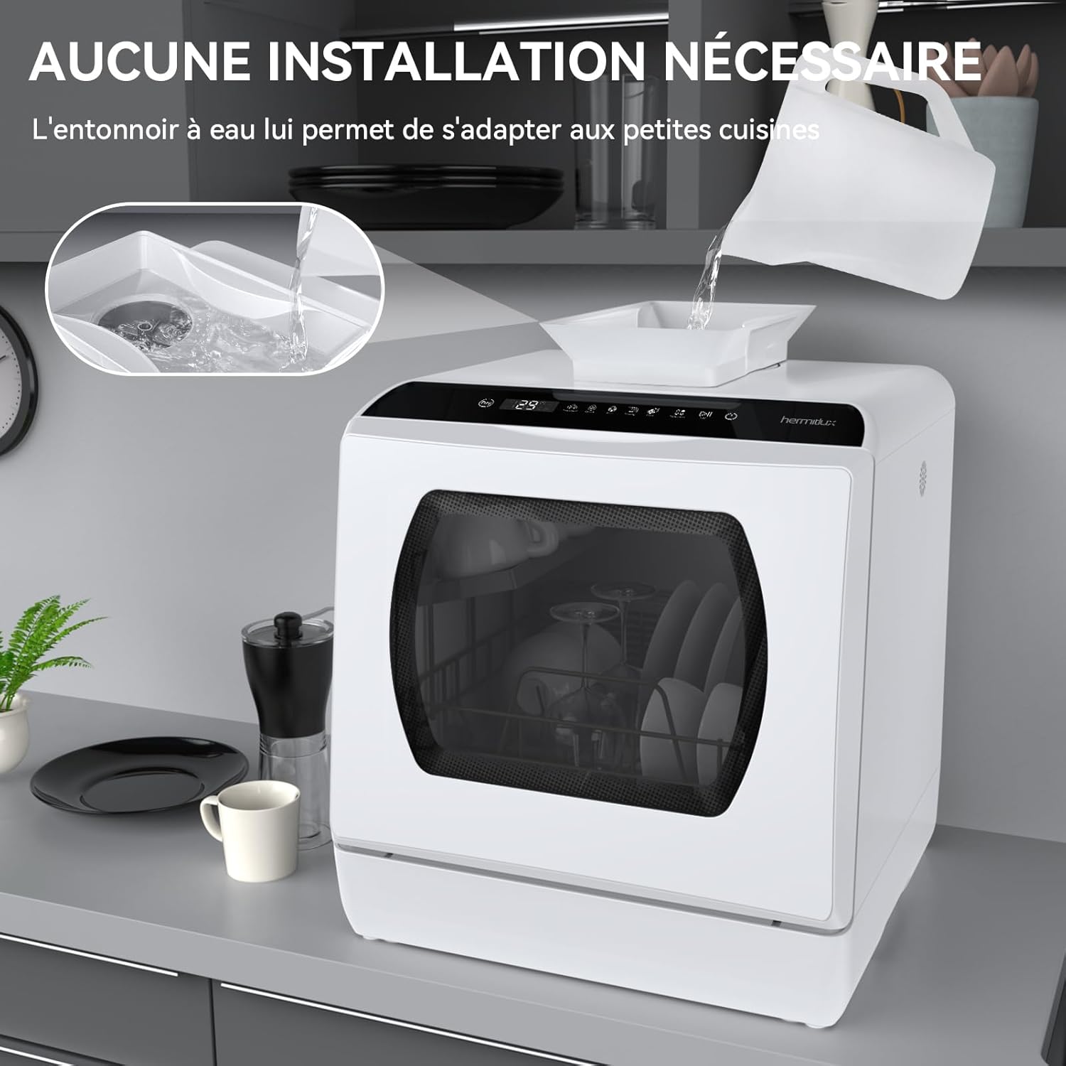 Hermitlux - Mini lave-vaisselle 4 couverts compact, 5 programmes, stérilisation 75°C, 5L/robinet