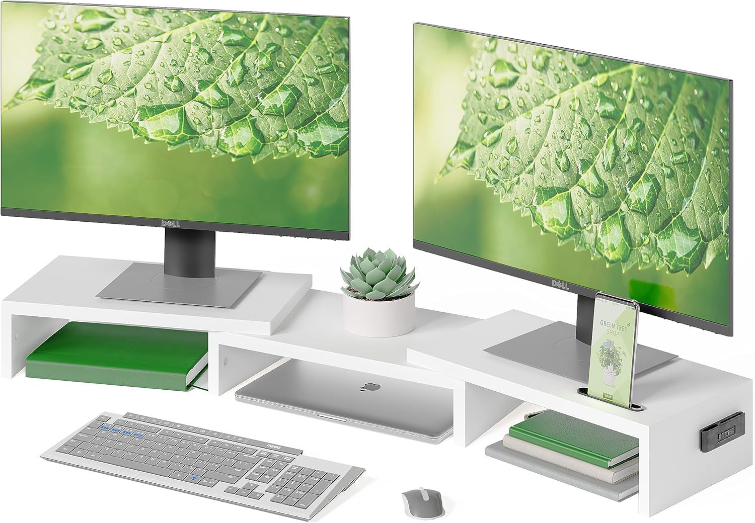 BONTEC - Support moniteur double réglable bois, blanc, longueur ajustable