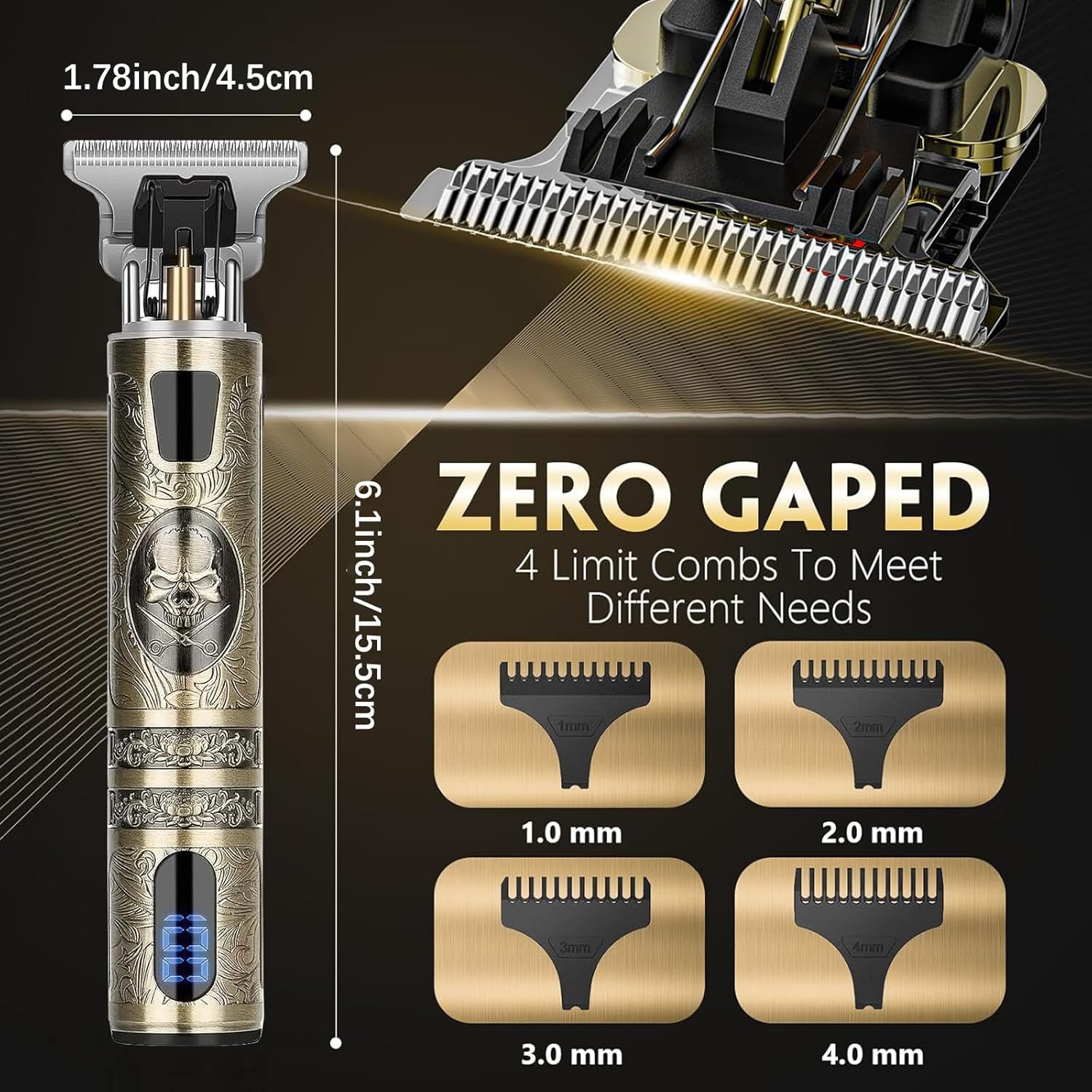 Tondeuse cheveux homme - squelette - 4 peignes, lame T, IPX7, USB