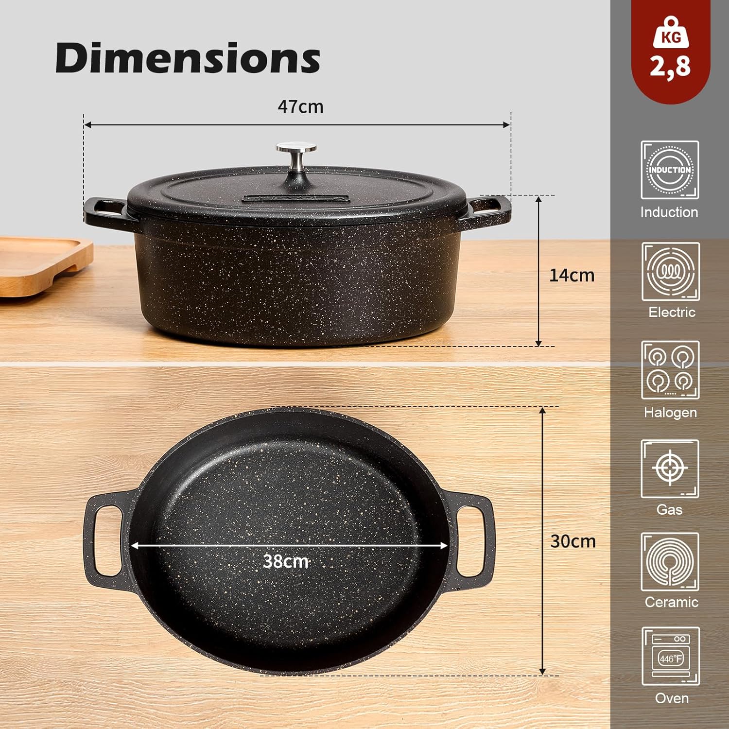 Faitout en fonte d’aluminium - 38cm 11L - antiadhésif, couvercle