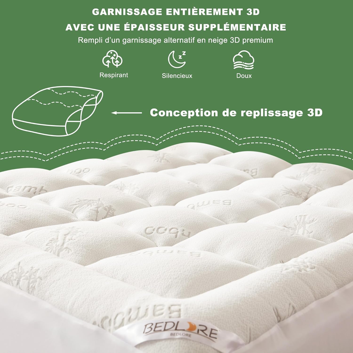 BEDLORE - Surmatelas (série non précisée) - 180x200 cm - Viscose bambou, matelassé, bonnet 40cm, Oeko-Tex