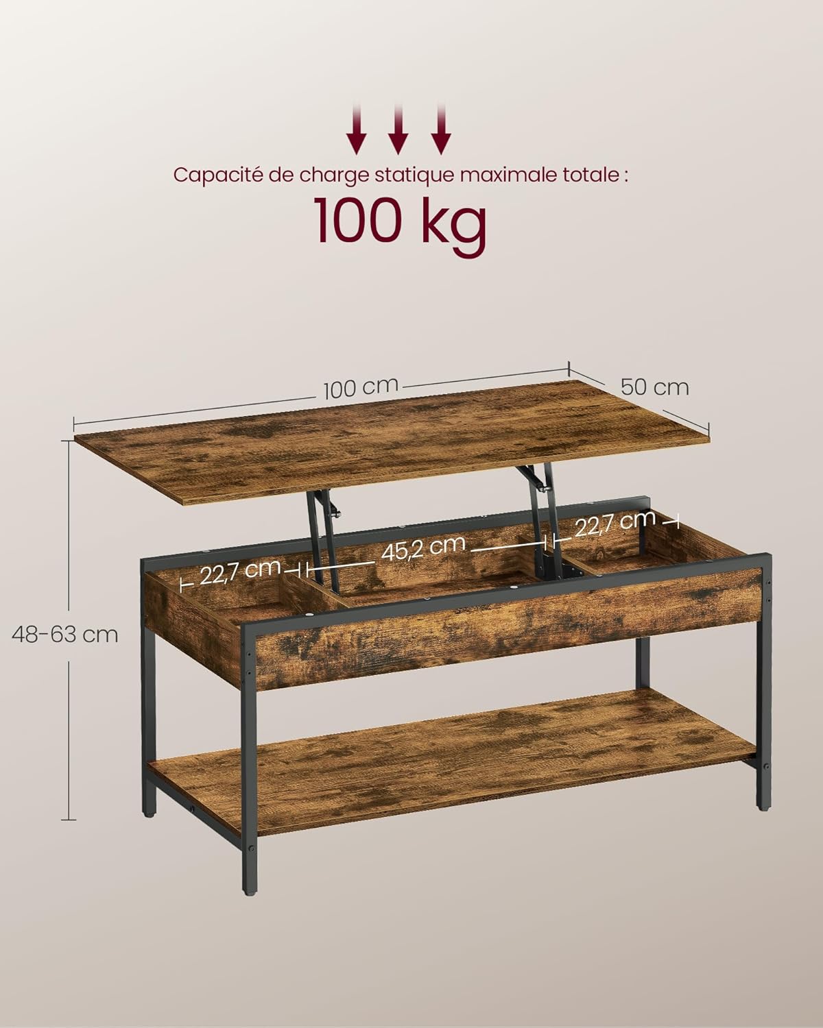 VASAGLE - Table basse relevable, 100x50cm, rangements, LCT261KD02