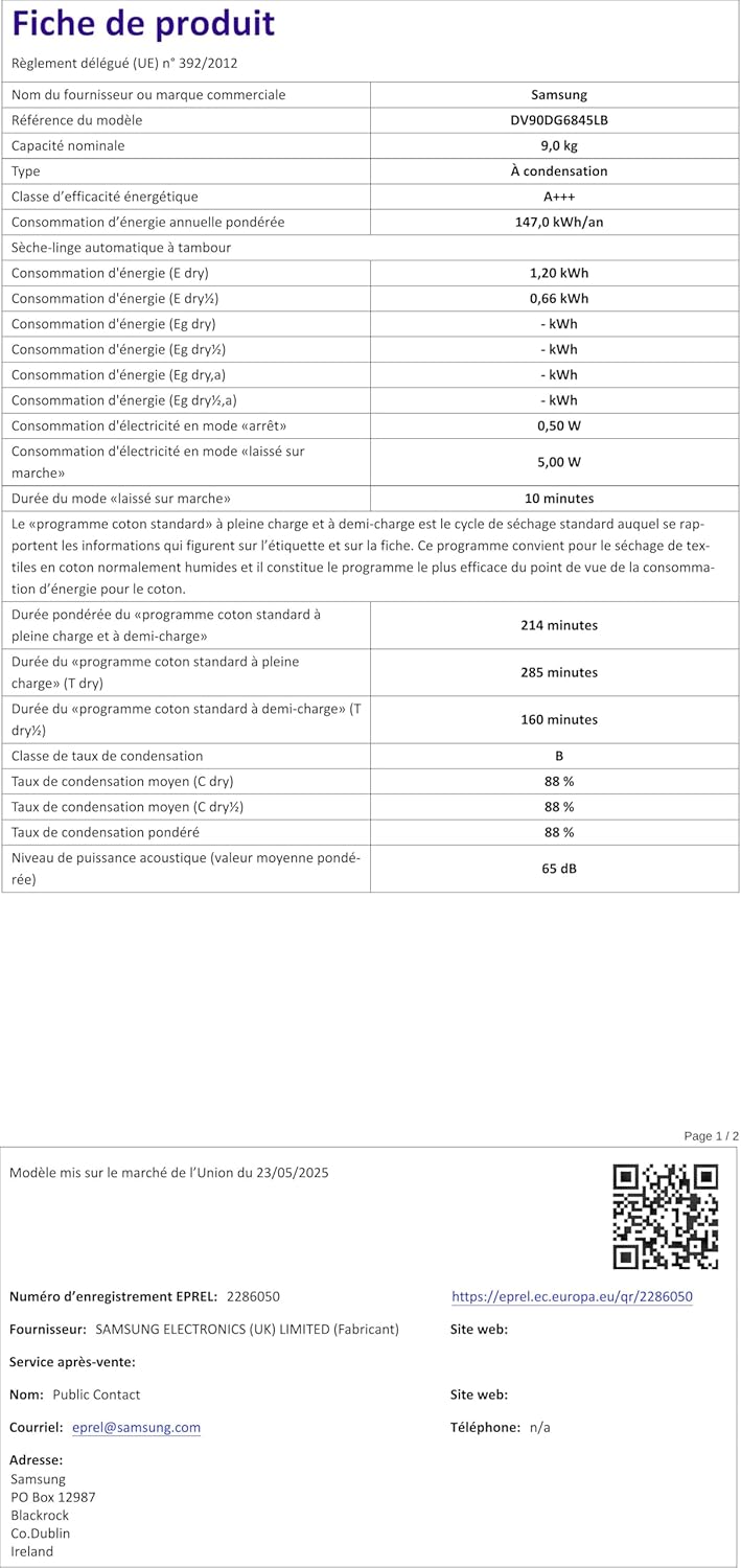 Samsung - sèche-linge série 6000 - 60 cm - pompe à chaleur, 9 kg, DV90DG6845LB/U3