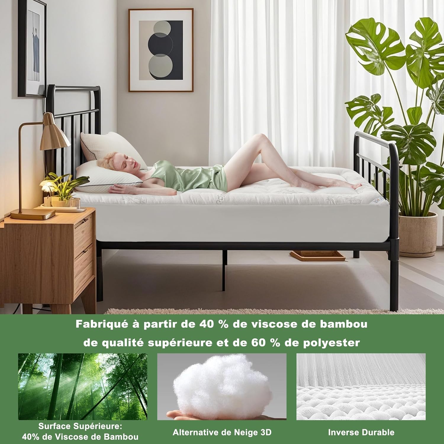 BEDLORE - Surmatelas (série non précisée) - 180x200 cm - Viscose bambou, matelassé, bonnet 40cm, Oeko-Tex
