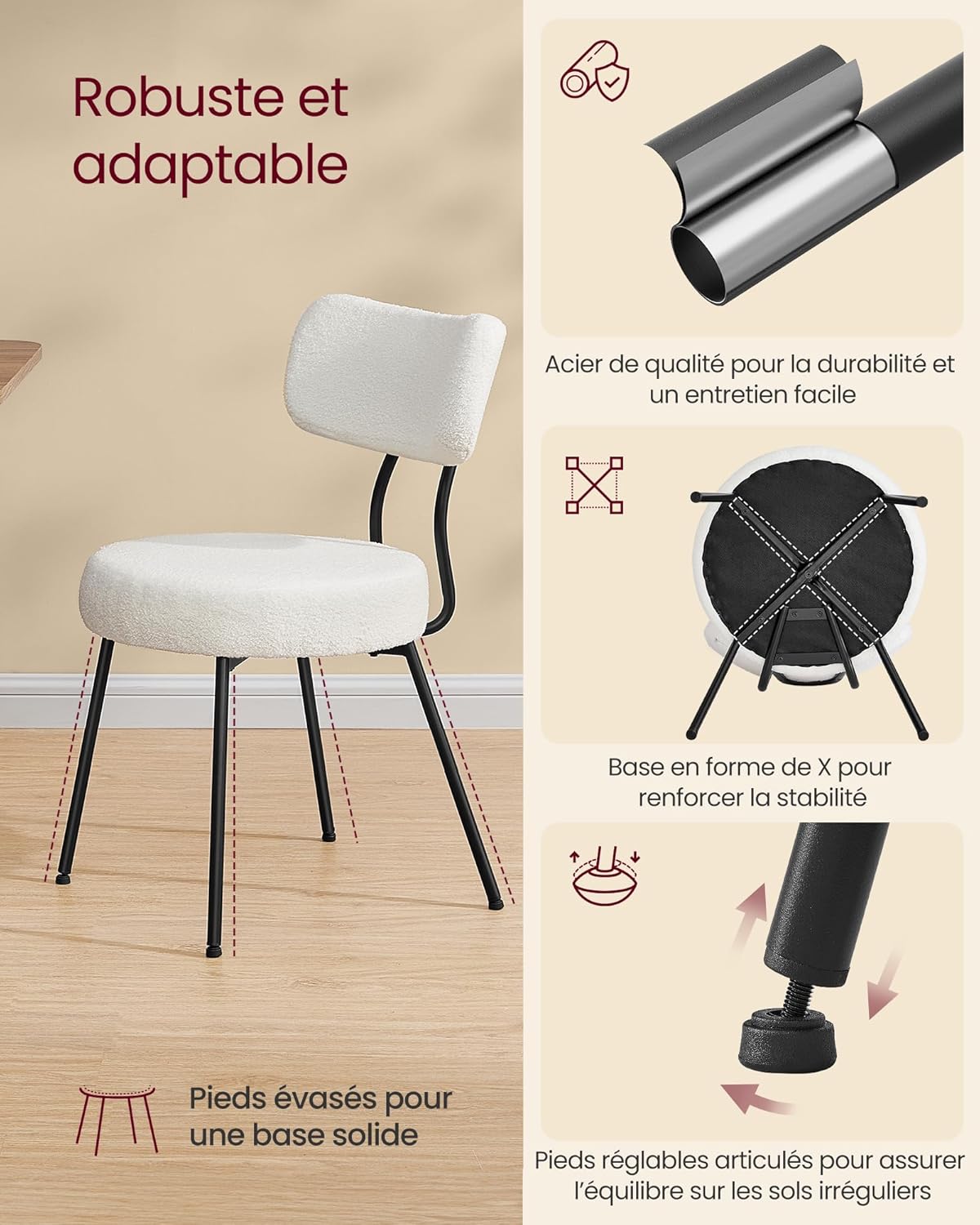 VASAGLE - Lot de 4 chaises modernes - acier, tissu peluche, dossier courbé, salle à manger, blanc crème - KDC110W14