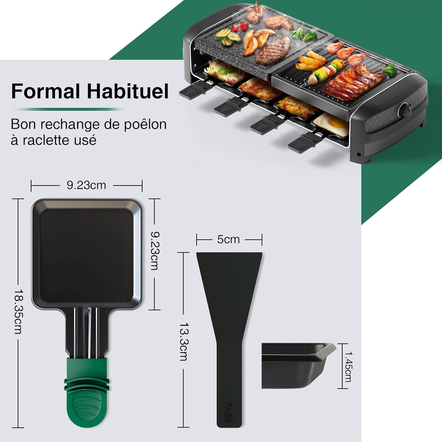 Poêlons à raclette carrés - 8 pcs - antiadhésif, poignées colorées, spatules incluses