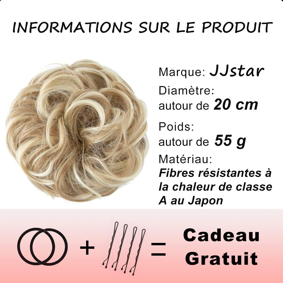 JJstar - Chignon Postiche Bouclé, élastique, cheveux naturels, blond