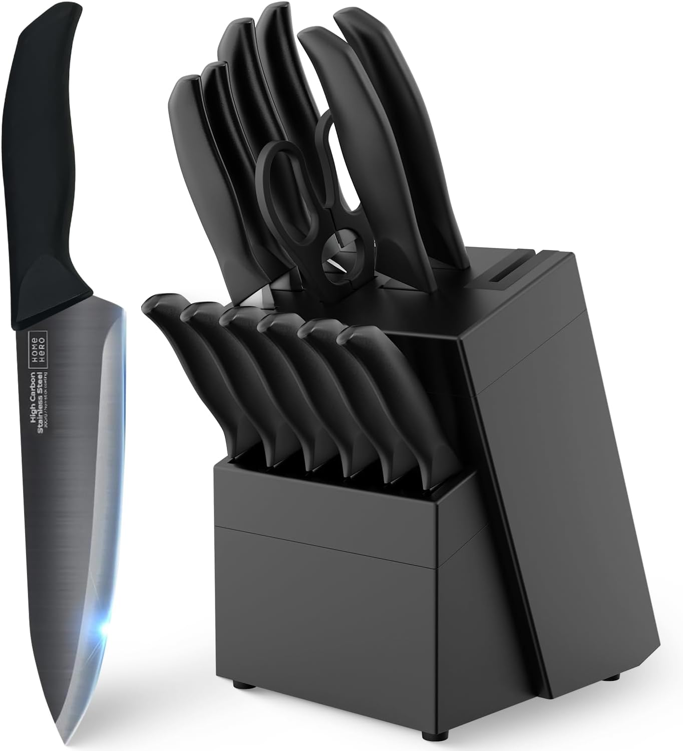 Home Hero - Set de couteaux cuisine 16 pcs inox, bloc inclus, noir