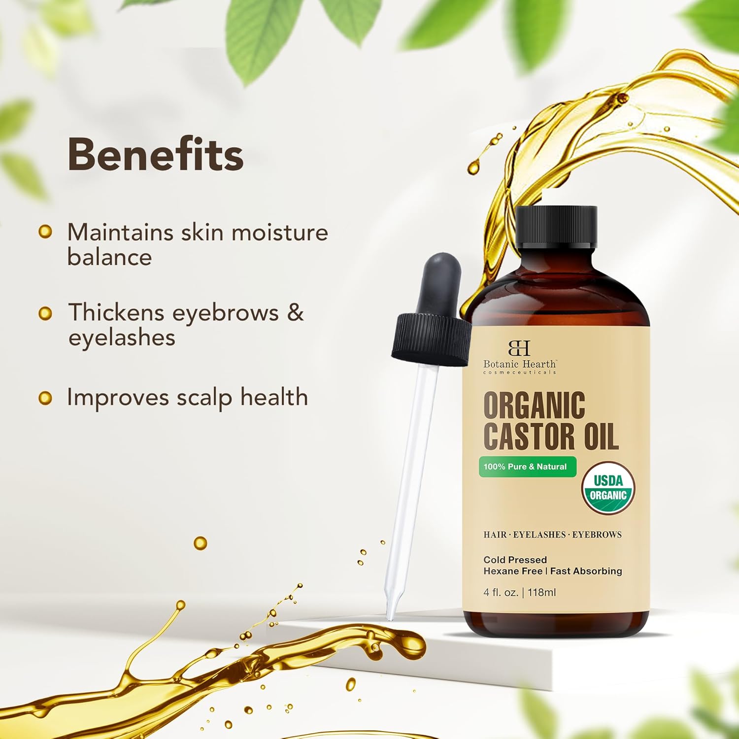 Botanic Hearth - huile de ricin bio - 118,3ml - 100% pure, pressée à froid, soin cils/sourcils/cheveux