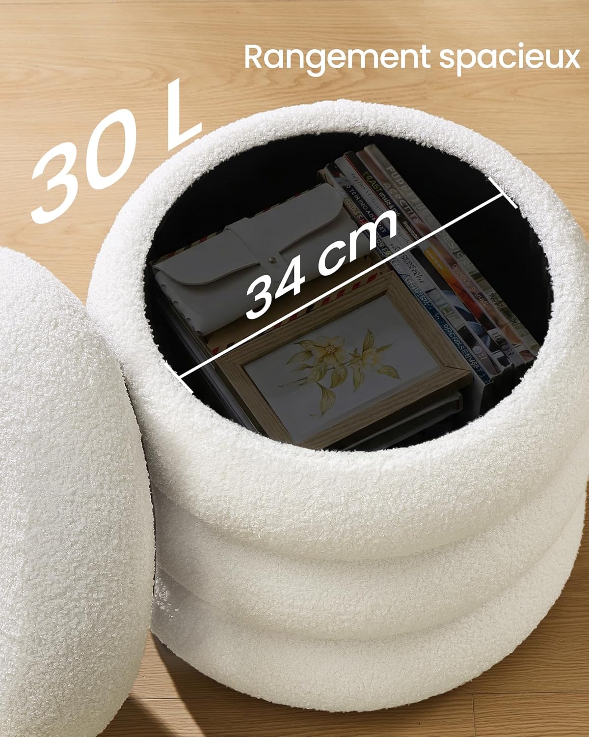 SONGMICS - pouf rond Teddy, 43x47 cm, rangement, blanc, LOM015WD01