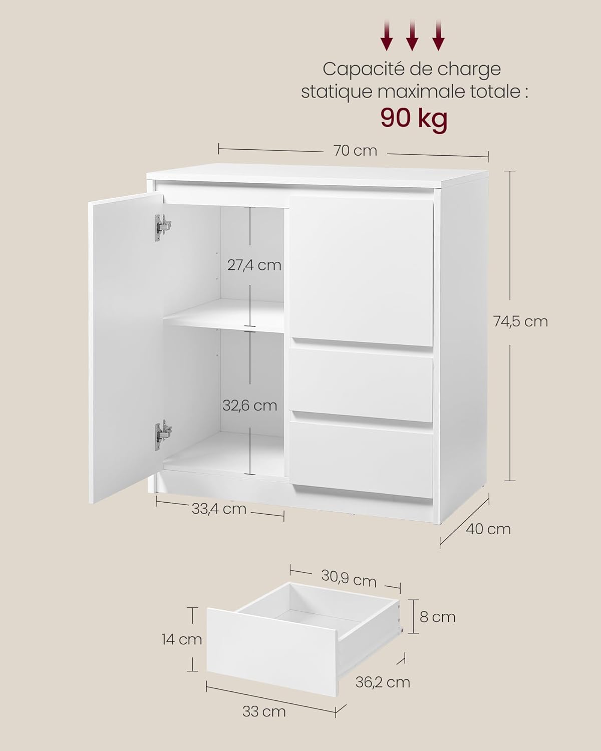 VASAGLE - buffet moderne, 40x70x74,5 cm, porte, étagère réglable, BBK243W01V1