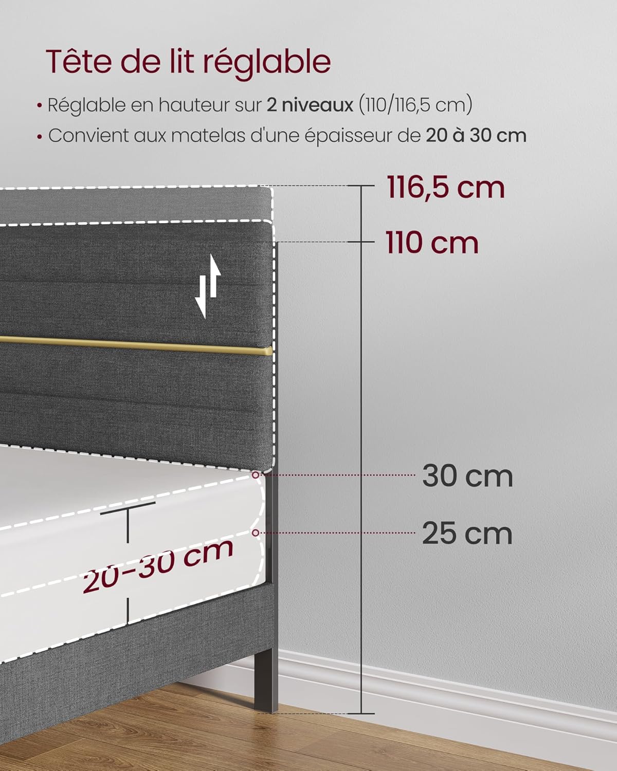 VASAGLE - lit double rembourré, 180x200 cm, métal, bois, gris, RMB508G01V1