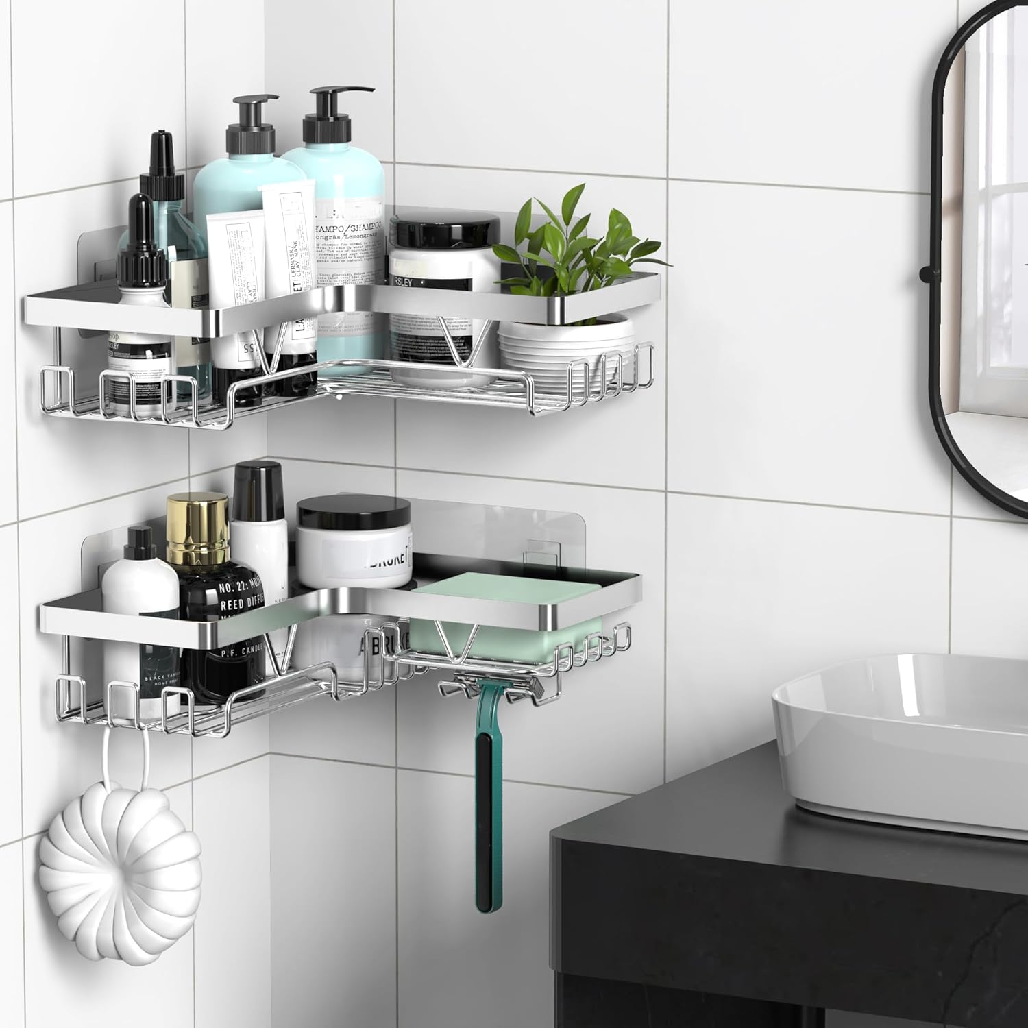 Support Douche d’Angle - étagère sans perçage, argent, KEGII