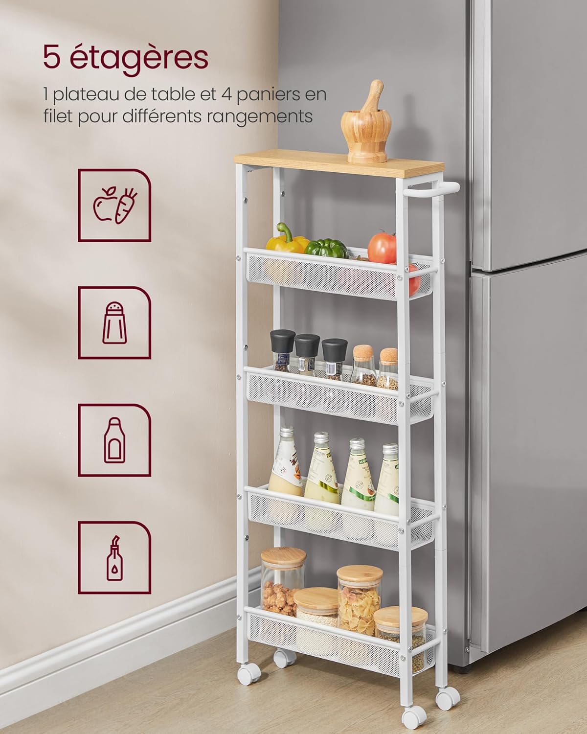 VASAGLE - desserte cuisine 5 niveaux, 13x45,4x99,6 cm, roulettes, LRC034W09